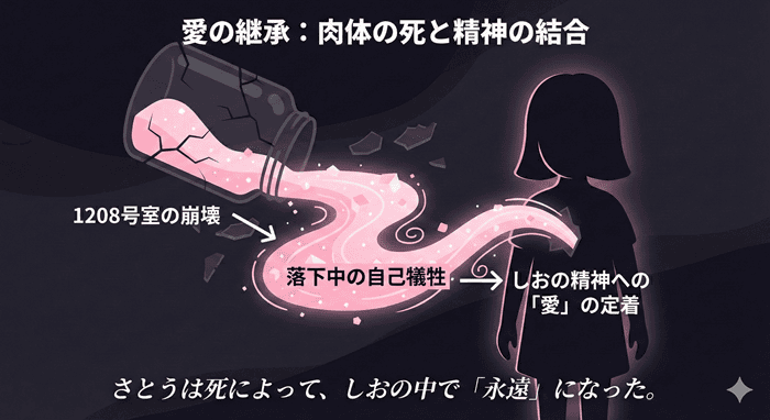 松坂さとうの自己犠牲によって、神戸しおに愛が継承され、さとうとしおの精神が結合するプロセスを示したフロー図。