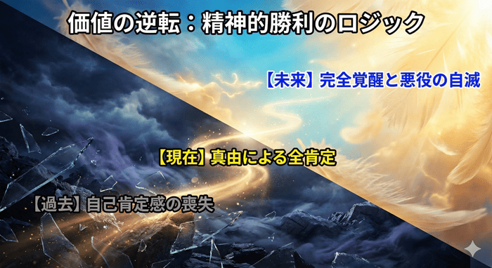 主人公・悠の自己肯定感の上昇と、それに反比例して墜落していく元カノ・礼華たちの精神状態を示した因果応報のグラフ図。