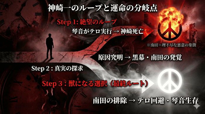 『君が獣になる前に』ネタバレ図解：神崎一がタイムリープを繰り返し、黒幕・南田を排除して琴音のテロを阻止するまでの運命分岐フローチャート。
