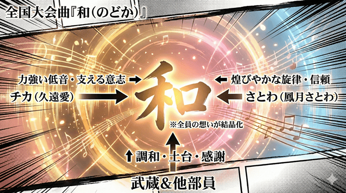 『この音とまれ！』全国大会演奏曲『和』のパート構成と部員たちの感情の繋がりを示した相関図。