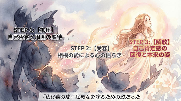 みにくい遊郭の子のエリンが、自己肯定感を取り戻すことで醜い姿から本来の美しさを取り戻すまでの3ステップ解説図。