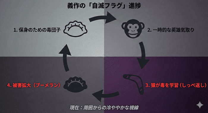 義作の毒団子作戦が猿を進化させ、結果的に自分たちを追い詰める悪循環の図。