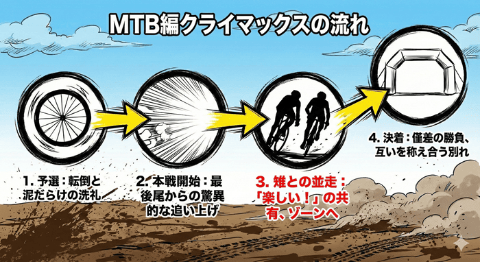 弱虫ペダルMTB編における小野田坂道のレース展開と感情の変化を示したフローチャート。