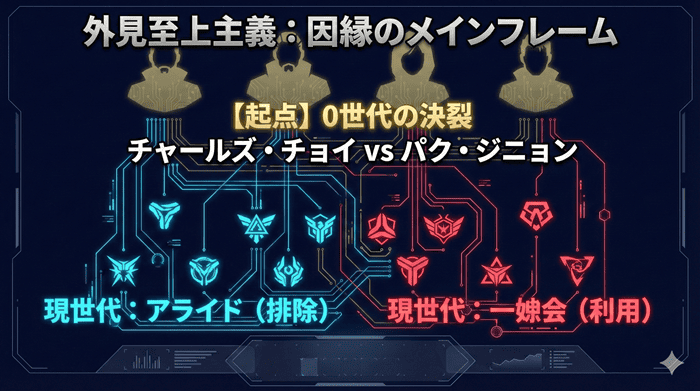 外見至上主義の勢力図解説。0世代のチャールズ・チョイとパク・ジニョンの対立が、現在のアライドと一姟会の抗争にどう繋がっているかを示す相関図。