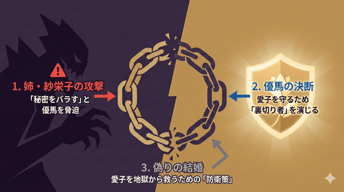 姉・紗栄子の脅迫により、愛子を守るために自己犠牲の結婚を選んだ優馬の心理構造図